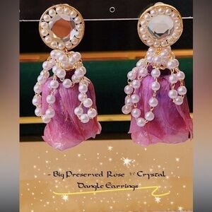 - - Big Preserved Rose & Pearls Dangle Earrings